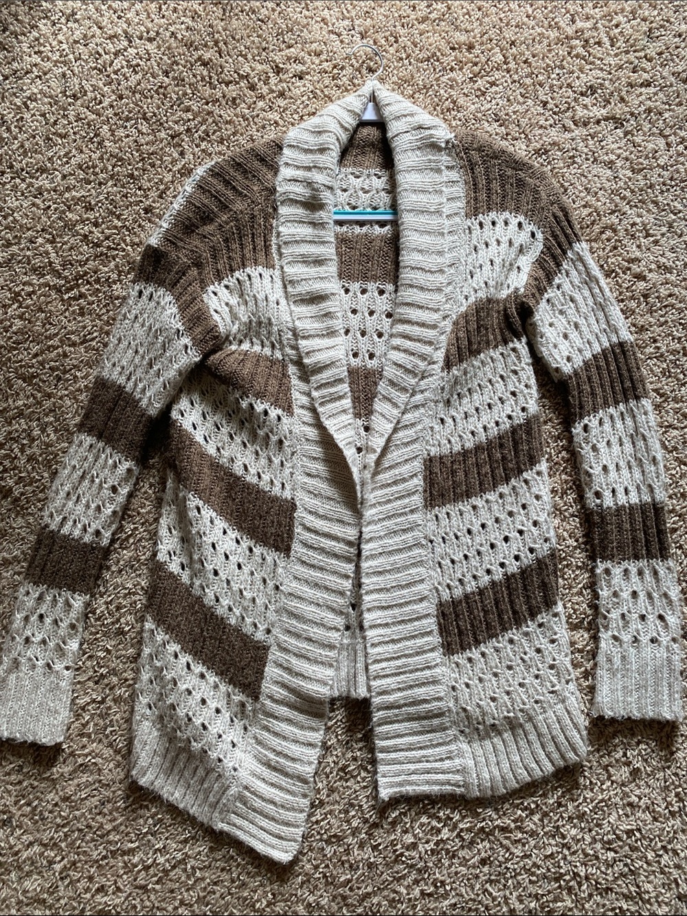 Aeropostale Cream and Brown Open Knit Striped Cardigan